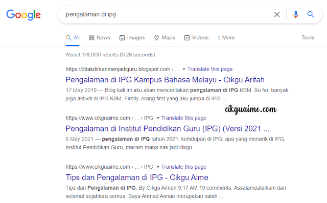 Rank kedua dan ketiga bagi keywords pengalaman di IPG