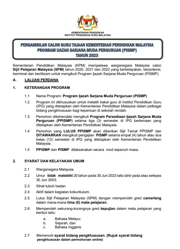 Syarat Kemasukan IPG