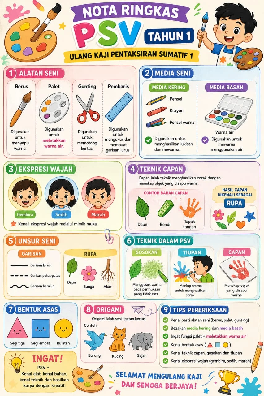 Nota PSV Sekolah Rendah: Ulang Kaji Pantas Tahun 1 hingga Tahun 6 (Infografik Percuma)