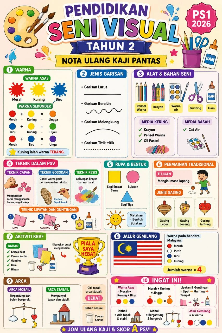 Nota PSV Tahun 2 - infografik PS1 merangkumi warna asas dan sekunder, jenis garisan, teknik capan gosokan resis dan arca